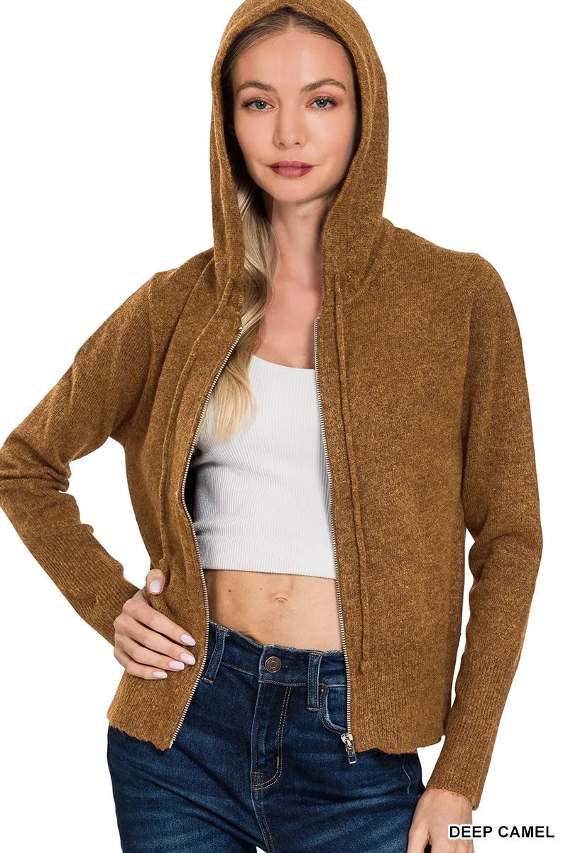 Zenana Drawstring Zip Up Hooded Cardigan - Tigbul's Variety Fashion Shop