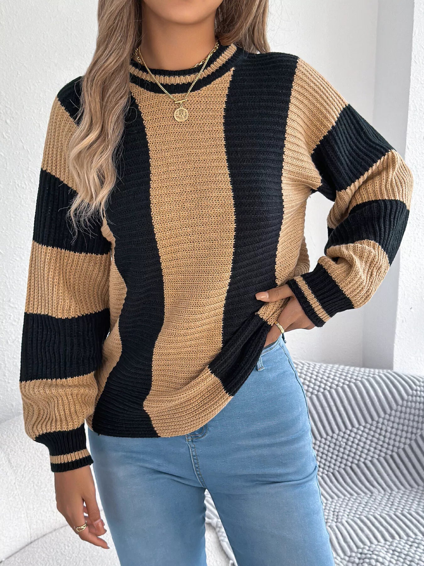 Color Block Round Neck Sweater - Tigbul's Variety Fashion Shop
