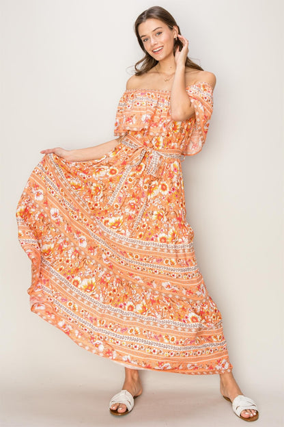 HYFVE Floral Off-Shoulder Tie Front Maxi Dress - Tigbul's Variety Fashion Shop
