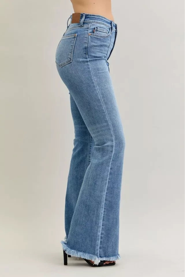 Judy Blue High Waist Flare Fray Hem Jeans with Front Pintuck Detail - Tigbul's Variety Fashion Shop