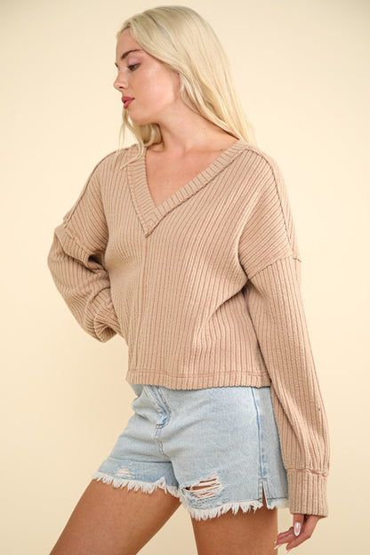 VERY J Exposed Seam V-Neck Ribbed Knit Top - Tigbul's Variety Fashion Shop