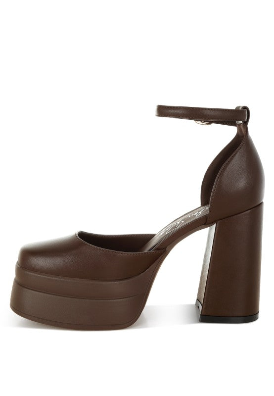 Brown chunky square-toe heels with platform front and tall block heel