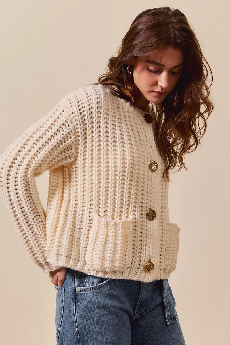 SO ME Metal Button Long Sleeve Chunky Sweater Cardigan - Tigbul's Variety Fashion Shop