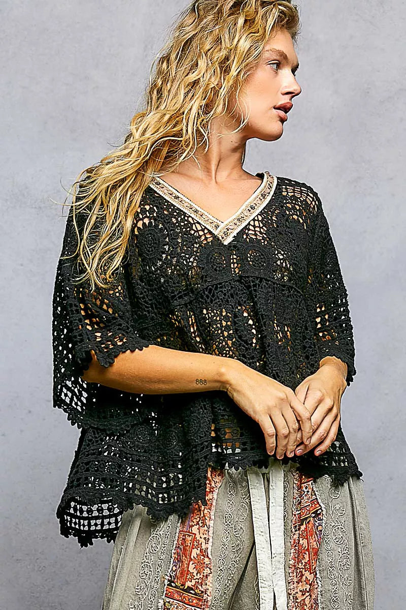 POL V-Neck Crochet Top with Scalloped Hem - Tigbul's Variety Fashion Shop