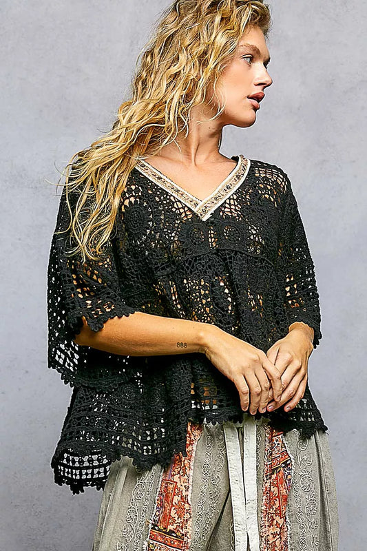 POL V-Neck Crochet Top with Scalloped Hem - Tigbul's Variety Fashion Shop