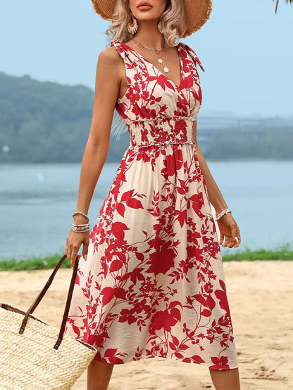 Red Smocked Printed Surplice Midi Dress - Tigbul's Variety Fashion Shop