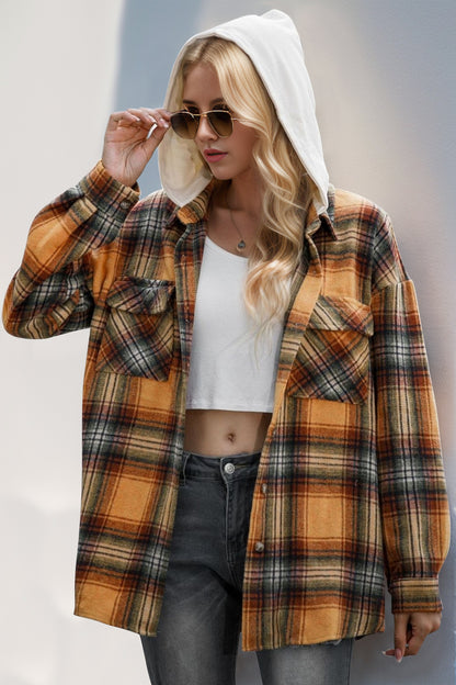 Double Take Drawstring Plaid Long Sleeve Hooded Shacket - Tigbul's Variety Fashion Shop