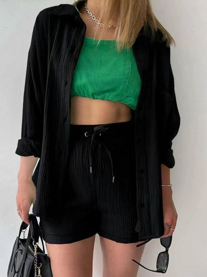 Textured Button Up Shirt and Shorts Set - Tigbul's Variety Fashion Shop
