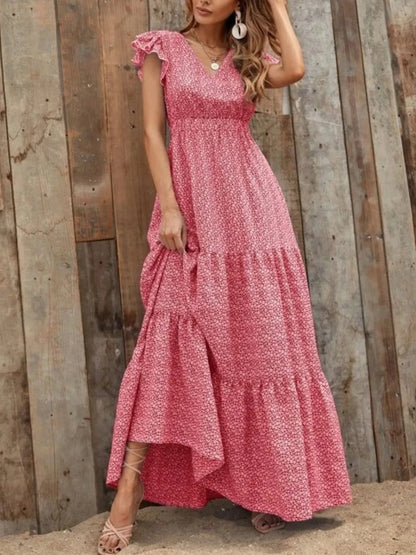 Printed V-Neck Ruffled Cap Sleeve Maxi Dress - Tigbul's Variety Fashion Shop