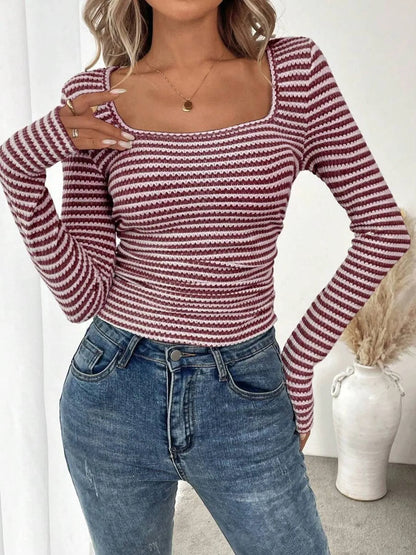 Striped Square Neck Long Sleeve T-Shirt - Tigbul's Variety Fashion Shop