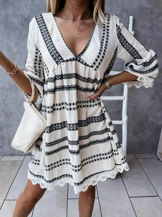 V-Neck Lace Trim Striped Babydoll Dress - Tigbul's Variety Fashion Shop