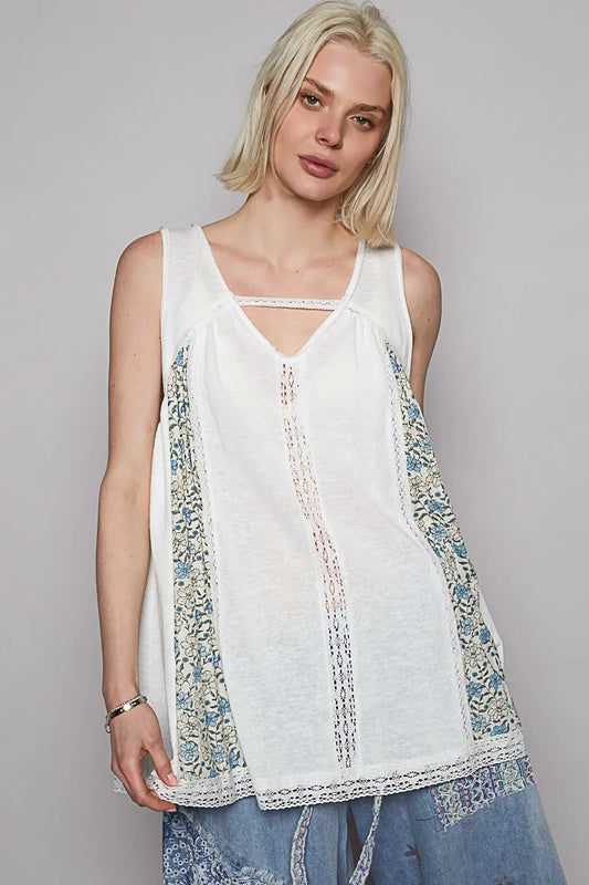POL V Neck Sleeveless Tank Top with Lace Detail - Tigbul's Variety Fashion Shop