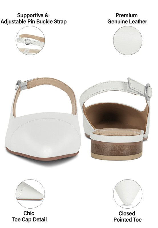 White genuine leather slingback flats with adjustable pin-buckle strap and closed pointed toe