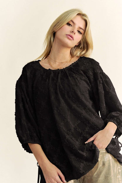 Davi & Dani Tied Round Neck Mesh Blouse