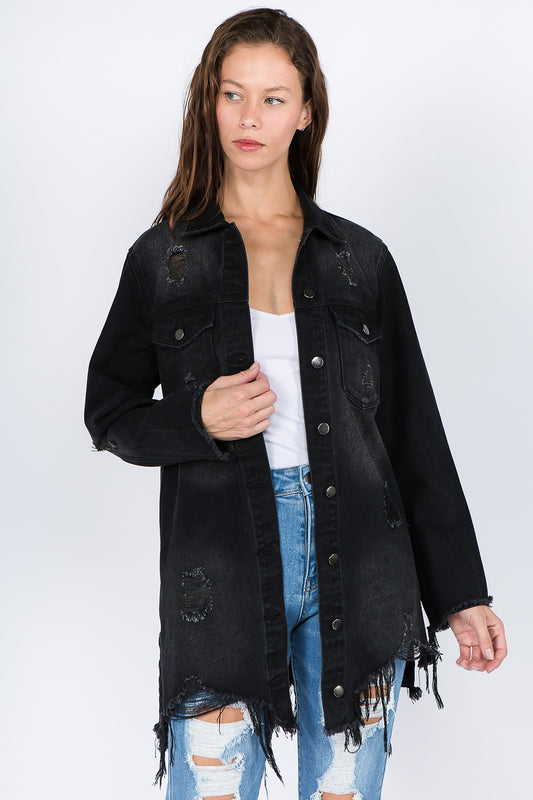 American Bazi Distressed Frayed Hem Denim Jacket - Tigbul's Variety Fashion Shop