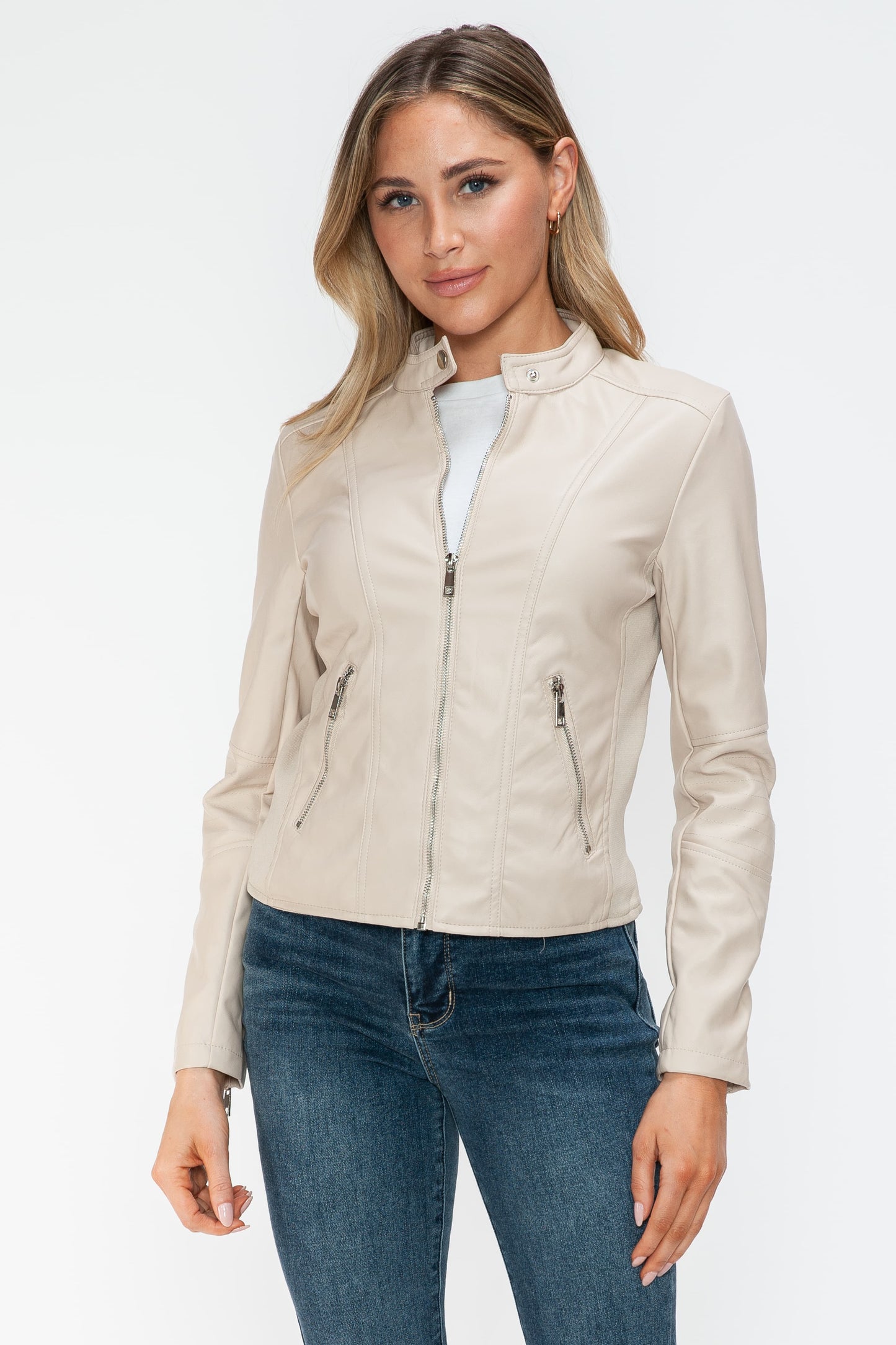 PU Leather Zip Up Jacket with Pockets in Sand Color