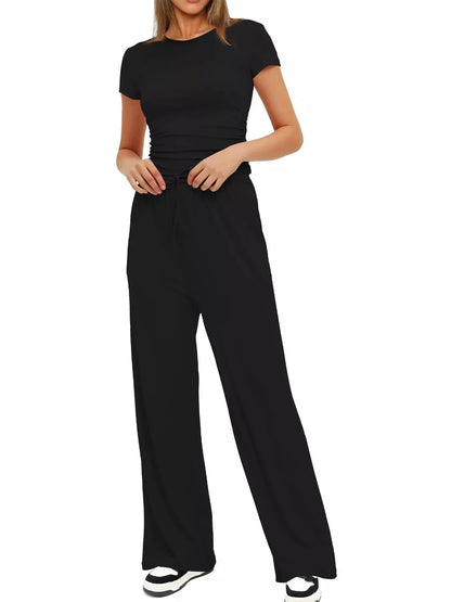 Round Neck Short Sleeve T-Shirt and Pants Set - Tigbul's Variety Fashion Shop