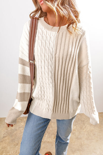 Cable-Knit Color Block Round Neck Sweater - Tigbul's Variety Fashion Shop