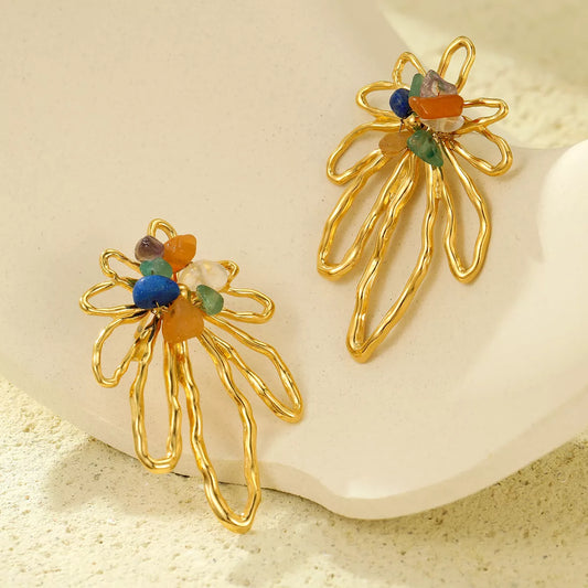 18K Gold-Plated Natural Stone Flower Earrings - Tigbul's Variety Fashion Shop