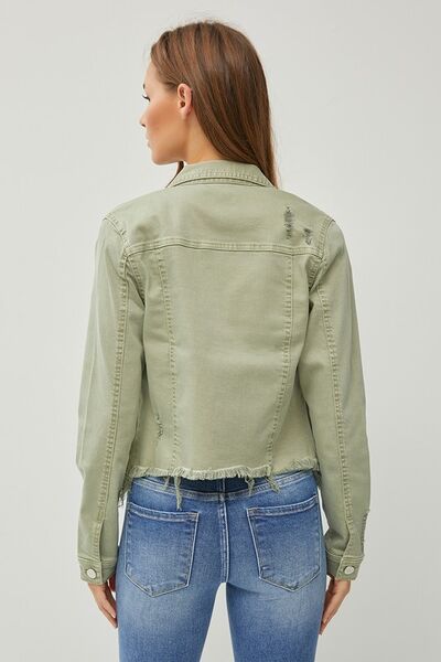 Sage Green Raw Hem Button Up Cropped Denim Jacket Plus Size - Tigbul's Variety Fashion Shop