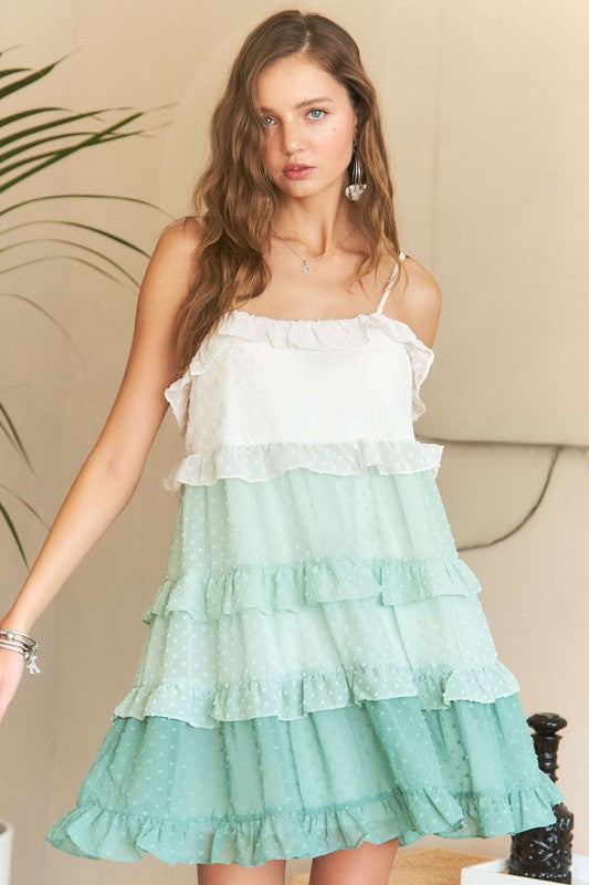 Green Swiss Dot Ruffled Tiered Mini Dress - Tigbul's Variety Fashion Shop