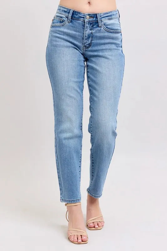 Judy Blue Full Size Mid Rise Vintage Wash Slim Jeans with Cell Phone Pocket Plus Size - Tigbul's Variety Fashion Shop