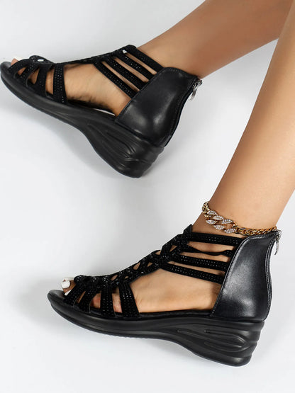 Strappy Wedge Sandals with Rhinestone Details - Tigbul's Variety Fashion Shop