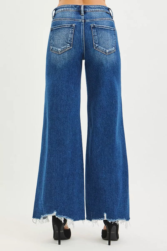 High Rise Wide Leg Dark Blue Jeans with Distressed Hem - Tigbul's Variety Fashion Shop