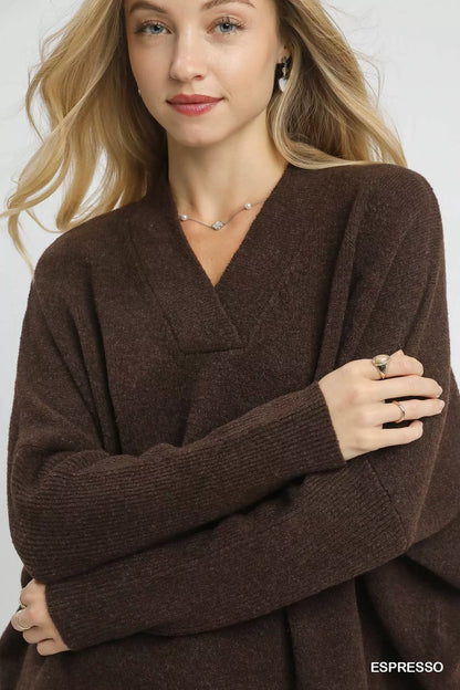 Umgee V-Neck Sweater with Wide Trim Detail - Tigbul's Variety Fashion Shop