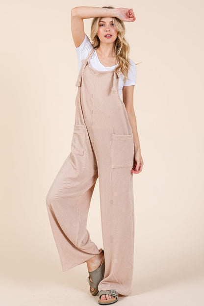 BOMBOM Knot Straps Wide Leg Ribbed Overalls with Pockets - Tigbul's Variety Fashion Shop