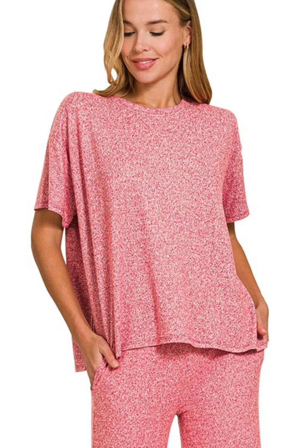 Zenana Soft Melange Short Sleeve Tee & Long Pants Set - Tigbul's Variety Fashion Shop