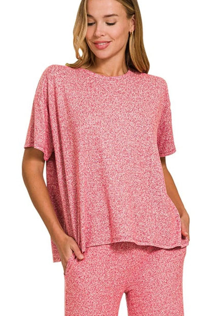 Zenana Soft Melange Short Sleeve Tee & Long Pants Set - Tigbul's Variety Fashion Shop