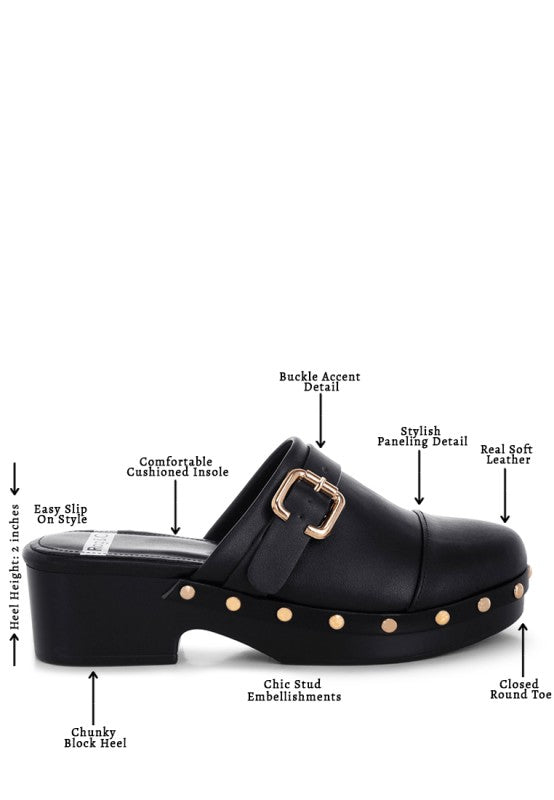 Black studded leather clog featuring buckle accent, rounded toe, and block heel
