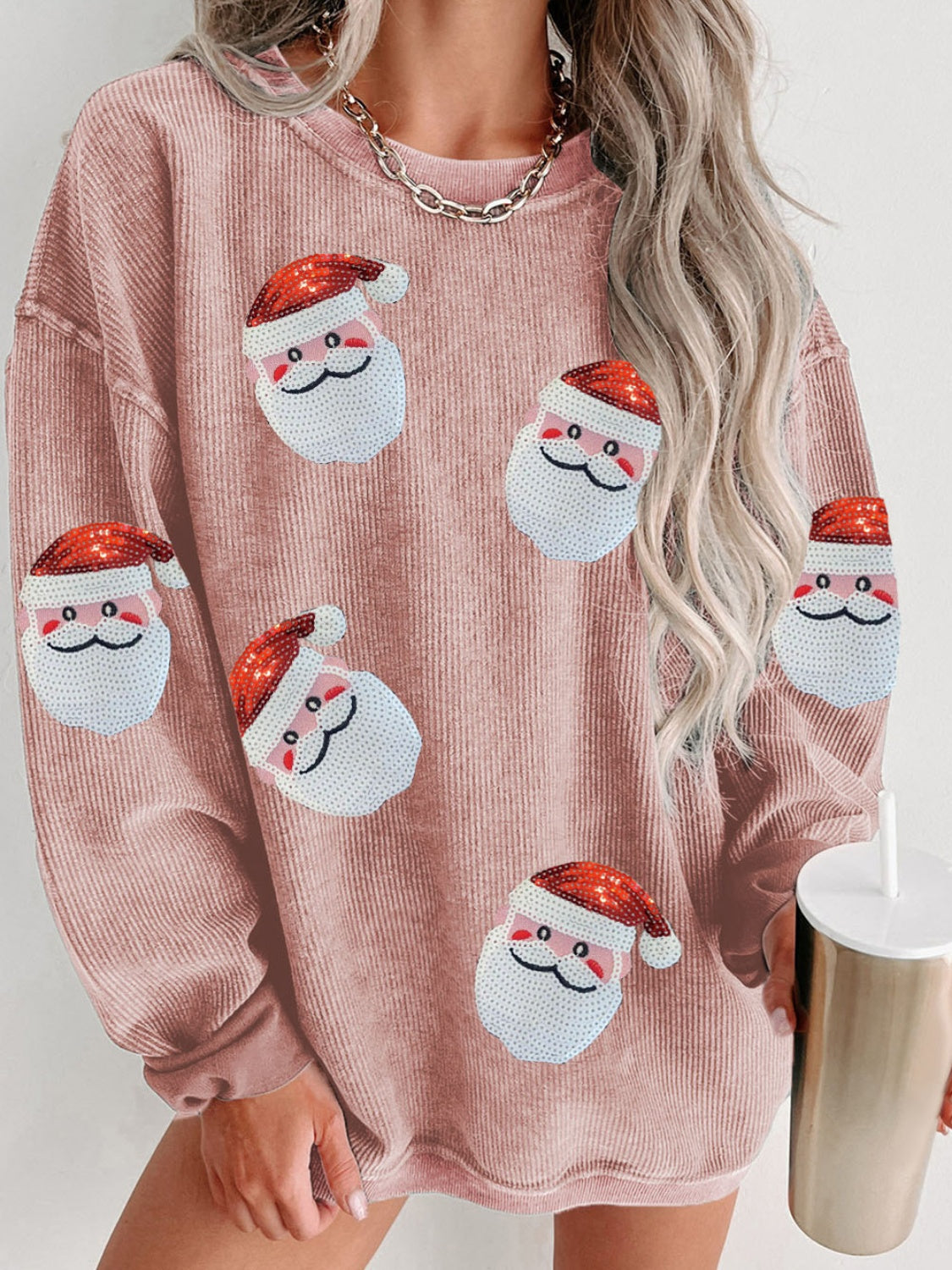 Sequin Santa Patch Ribbed Sweatshirt - Tigbul's Variety Fashion Shop