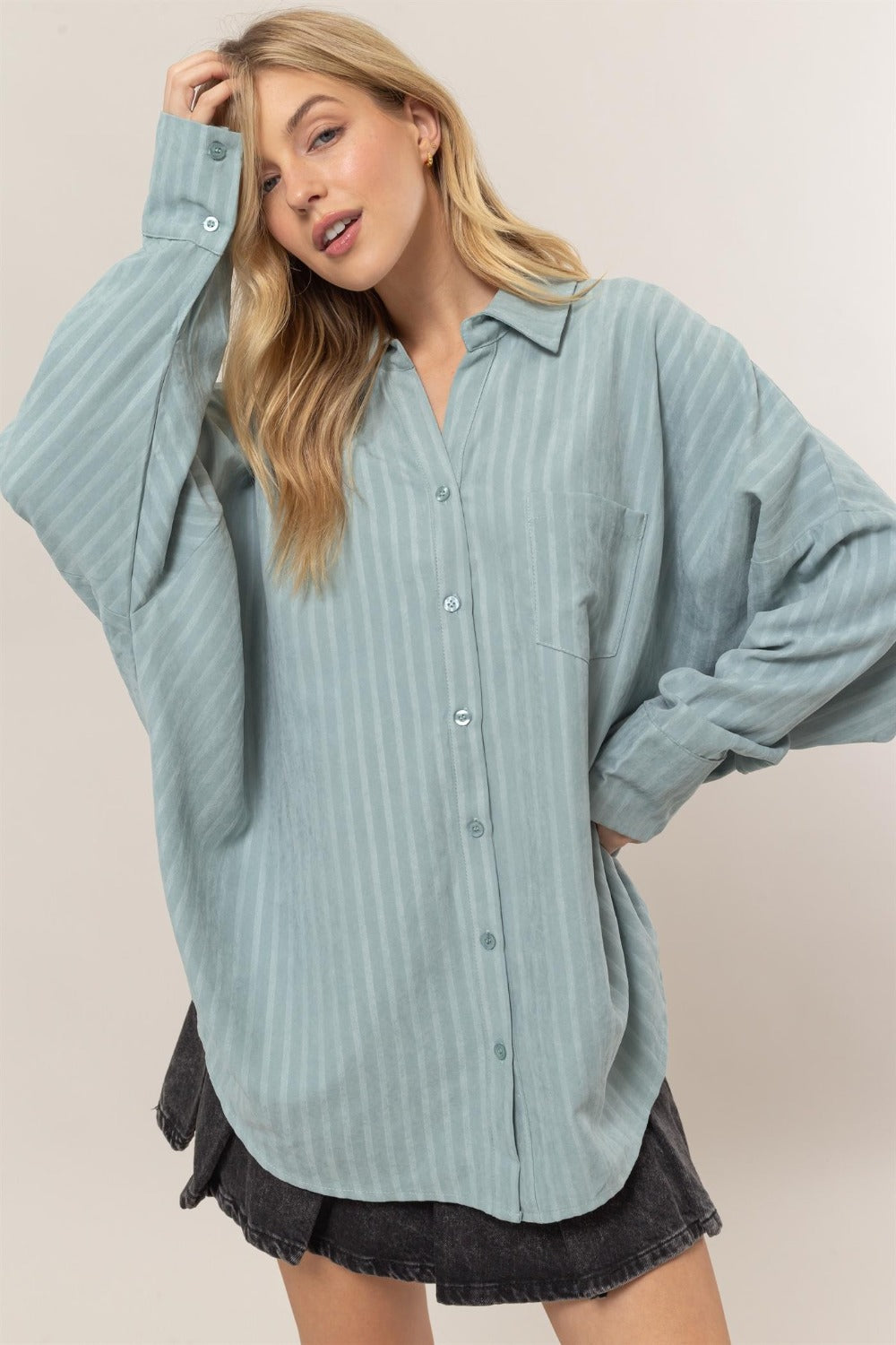 Stripe Button Down Long Sleeve Oversized Shirt - Tigbul's Variety Fashion Shop