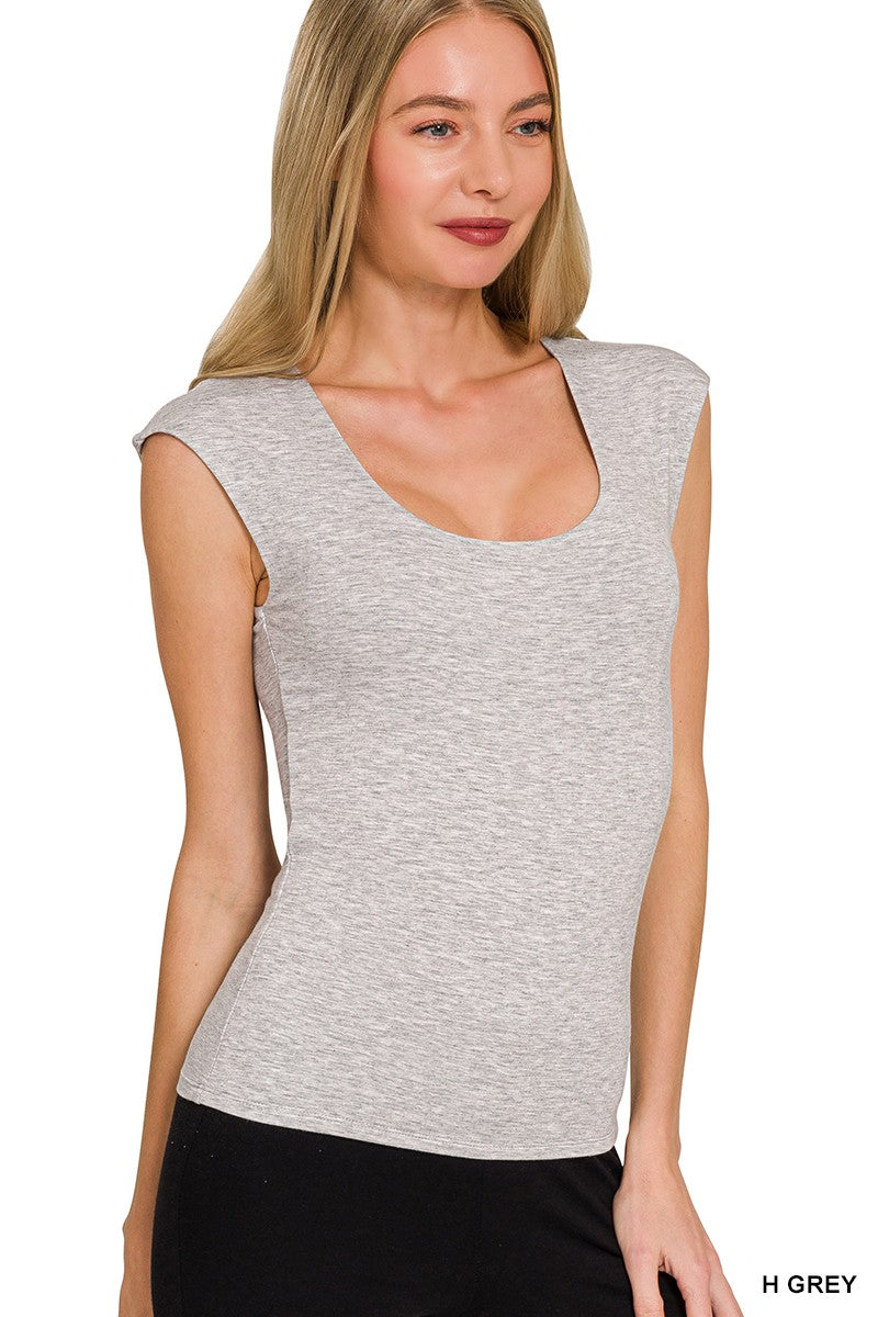 Heather Grey double-layer sleeveless tank with wide scoop neck