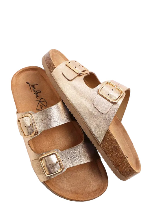 Women's Gold Metallic Double Buckle Slide Sandals | Tigbuls