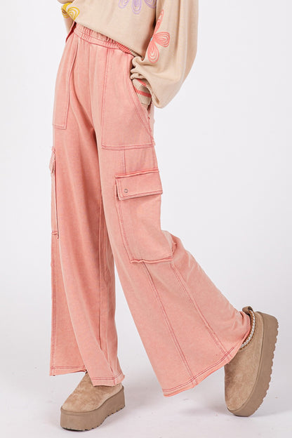 Rose Color Knit Terry Mineral Wash Wide Leg Pants - Tigbul's Variety Fashion Shop