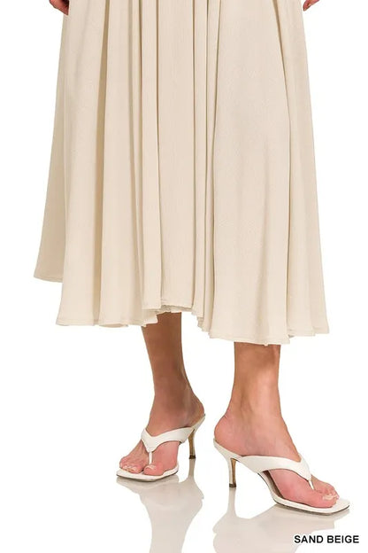Woven Crinkle Gauze Crop Beige Tee and Skirt Set - Tigbul's Variety Fashion Shop