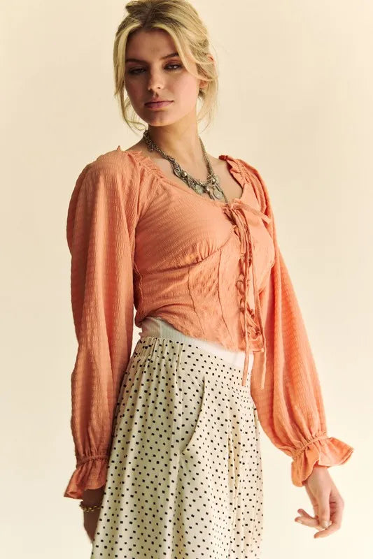 Peach Color Strap Front Corset Look Long Puff Sleeve Blouse - Tigbul's Variety Fashion Shop
