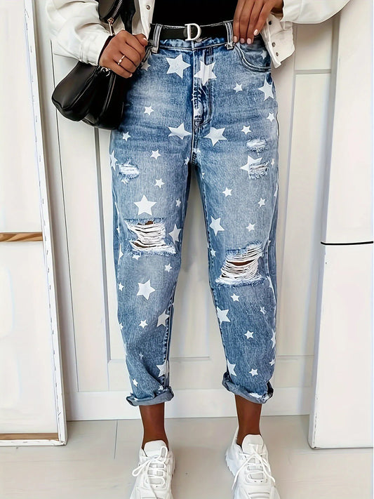 Star Print Distressed High Waist Boyfriend Jeans - Tigbul's Variety Fashion Shop