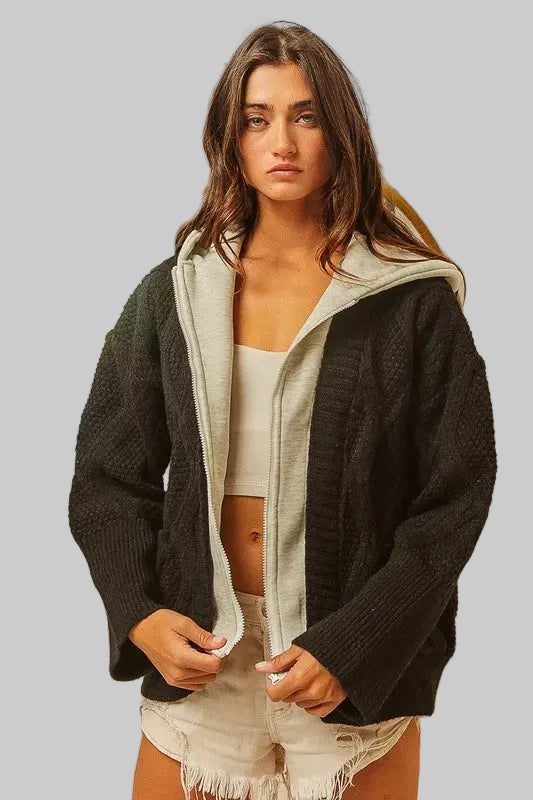 Knit Hoodie Rhombus Black/Gray Sweater Jacket | Tigbuls Variety