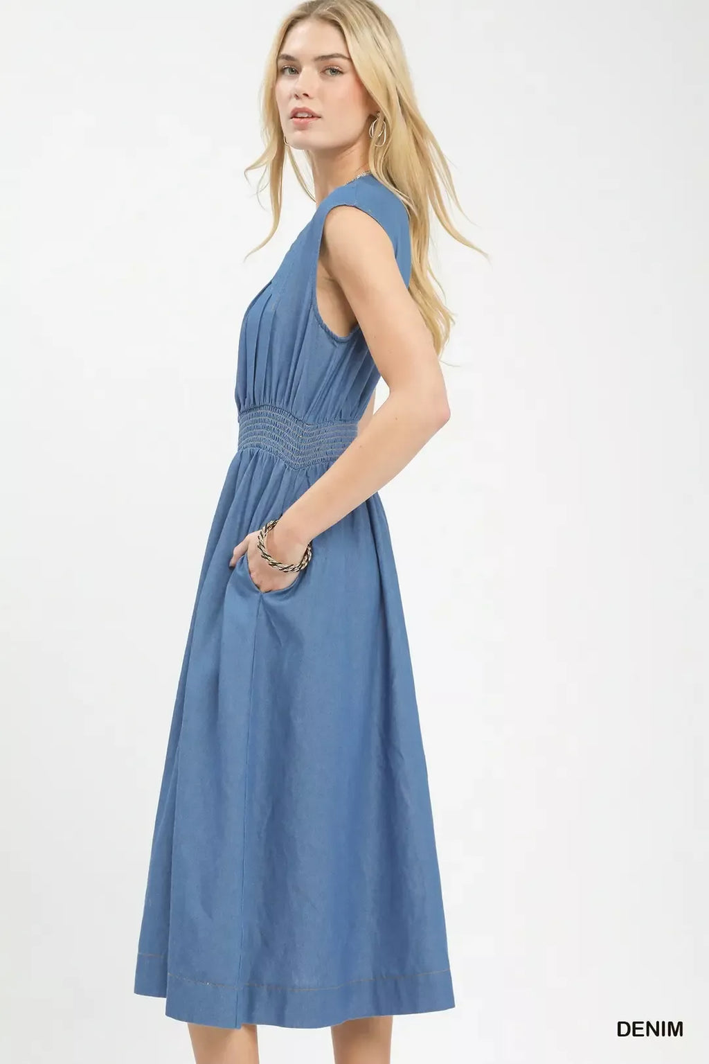 Umgee Denim Sleeveless Zip-Front Smocked Waist Midi Dress - Tigbul's Variety Fashion Shop