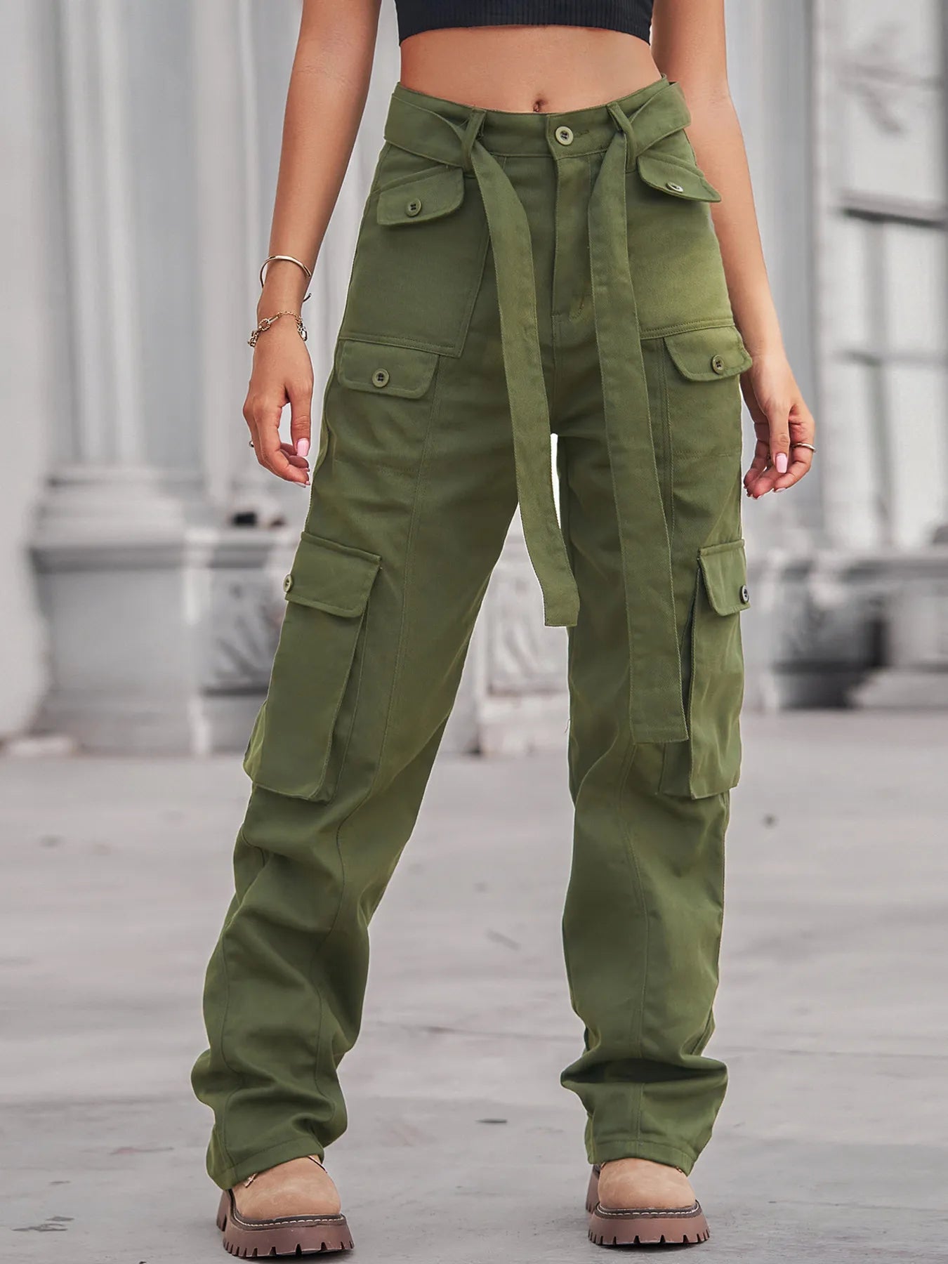 High-Waisted Multi-Pocket Cargo Jeans - Tigbul's Variety Fashion Shop