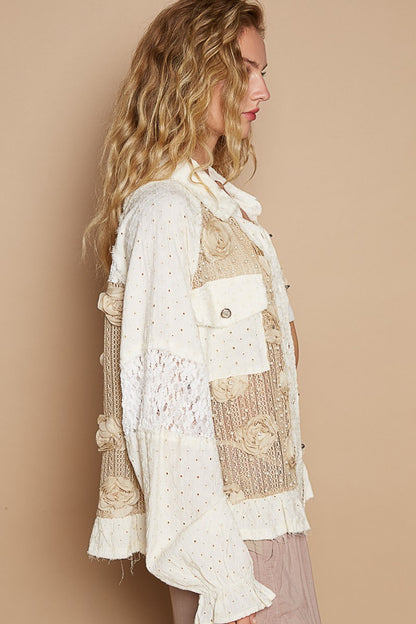 POL Eyelet Flower Pearl Detail Lace Patchwork Shirt - Tigbul's Variety Fashion Shop