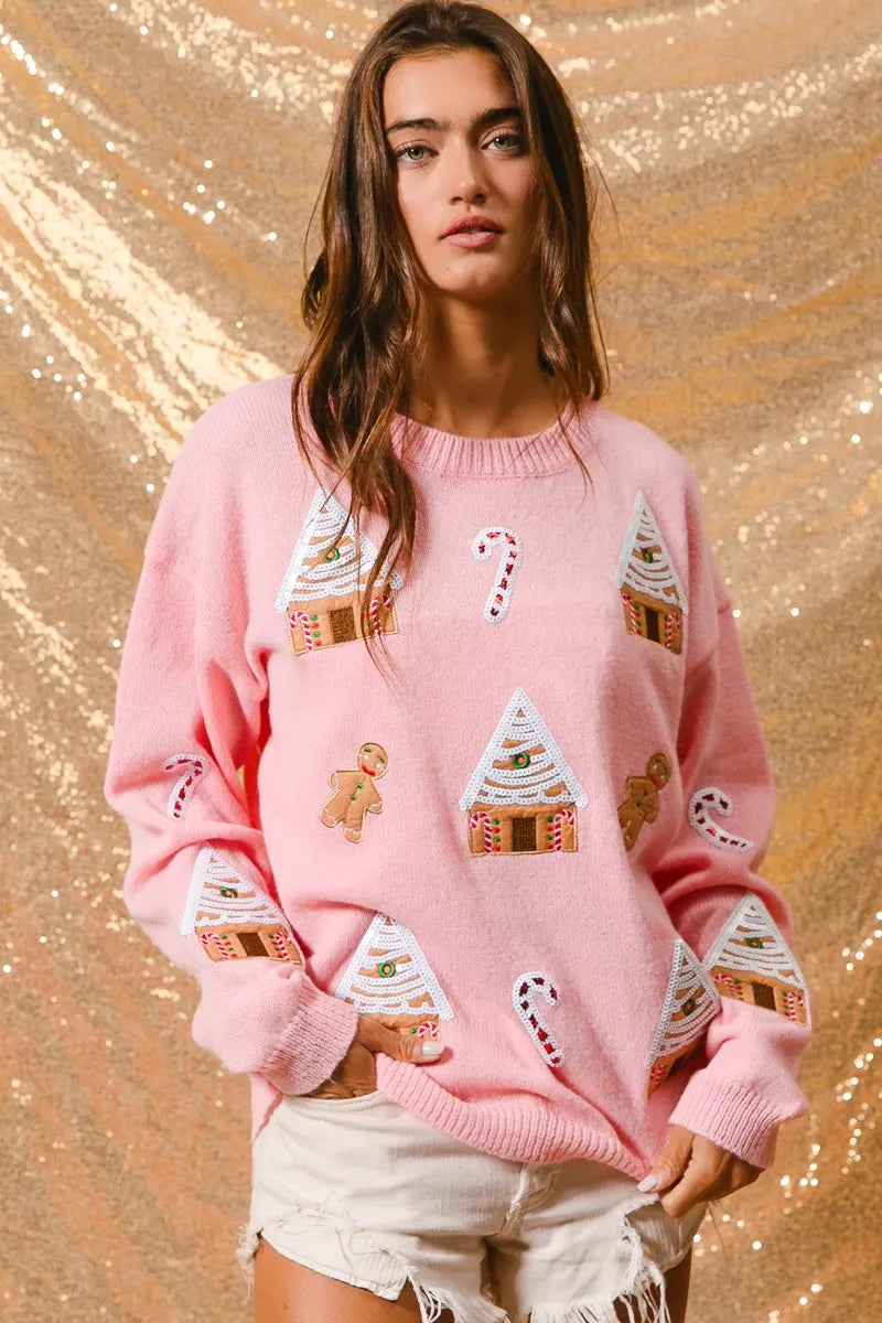 Light Pink Christmas Theme Patches Sweater | Tigbuls