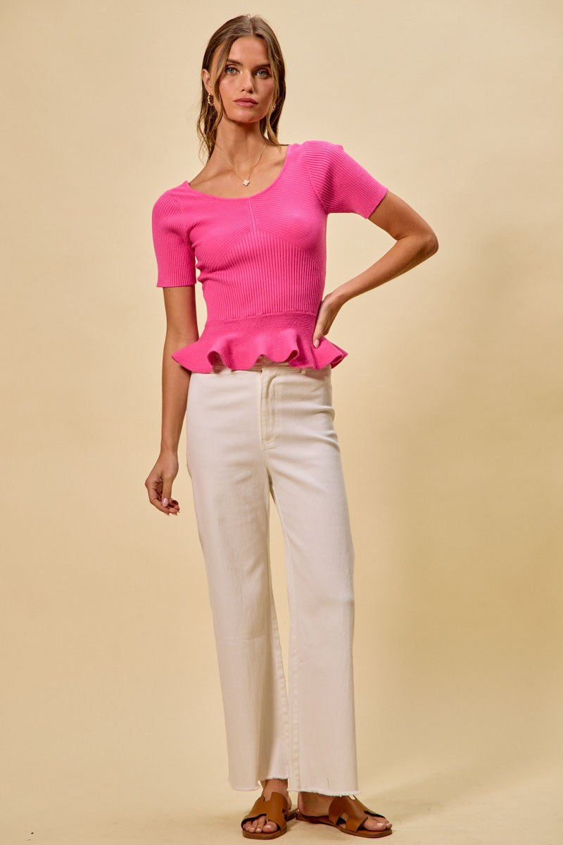 Trendsi Hot pink ribbed knit peplum sweater top with short sleeves