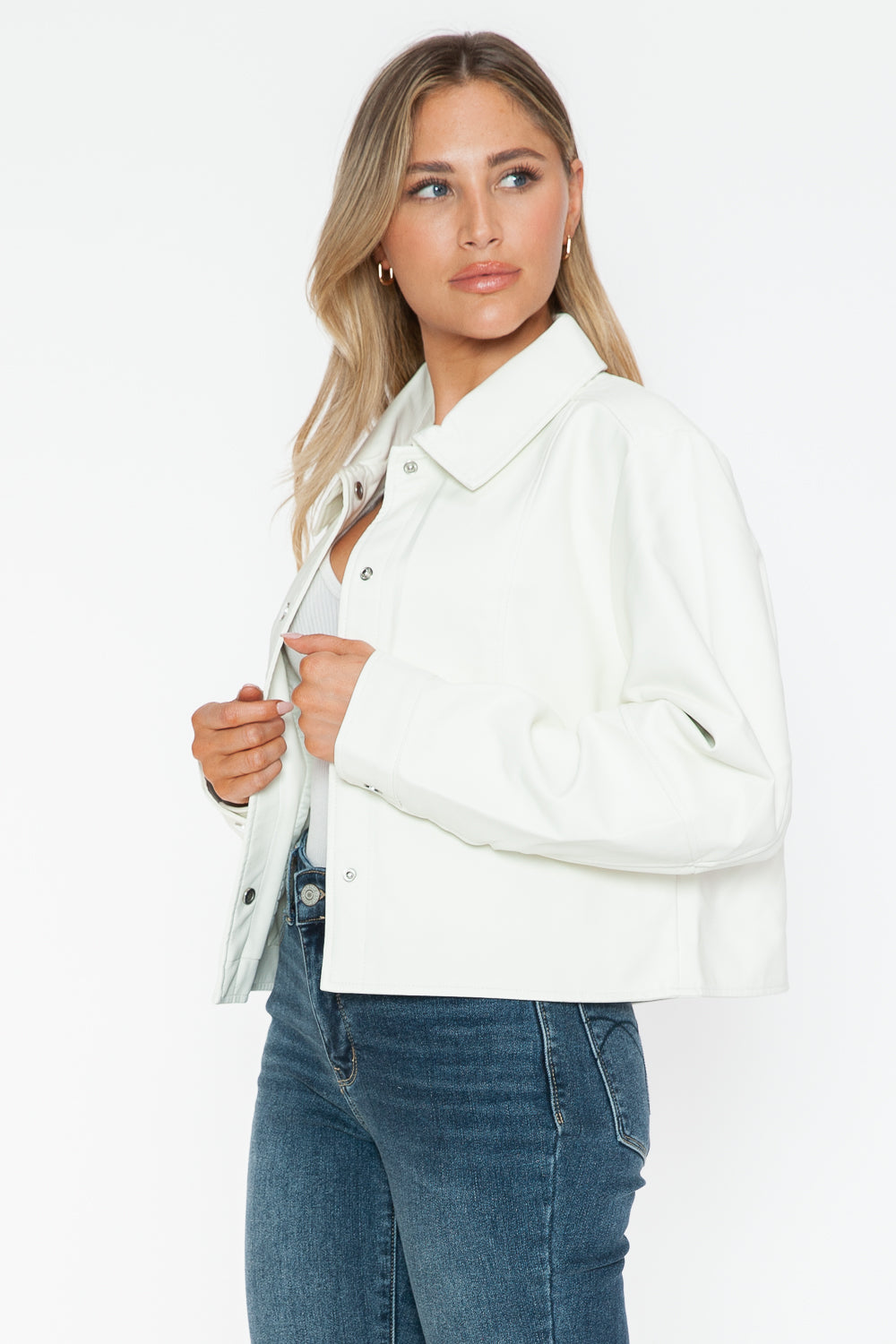 White Snap Down Long Sleeve PU Leather Jacket