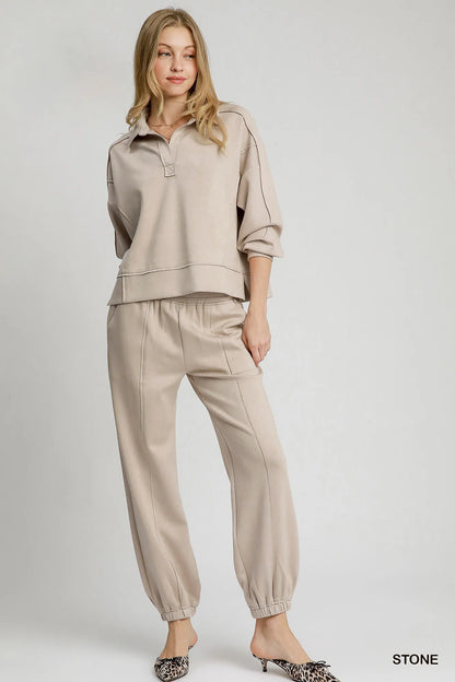 Umgee Exposed Seam Long Sleeve Polo Top with Side Slit - Tigbul's Variety Fashion Shop