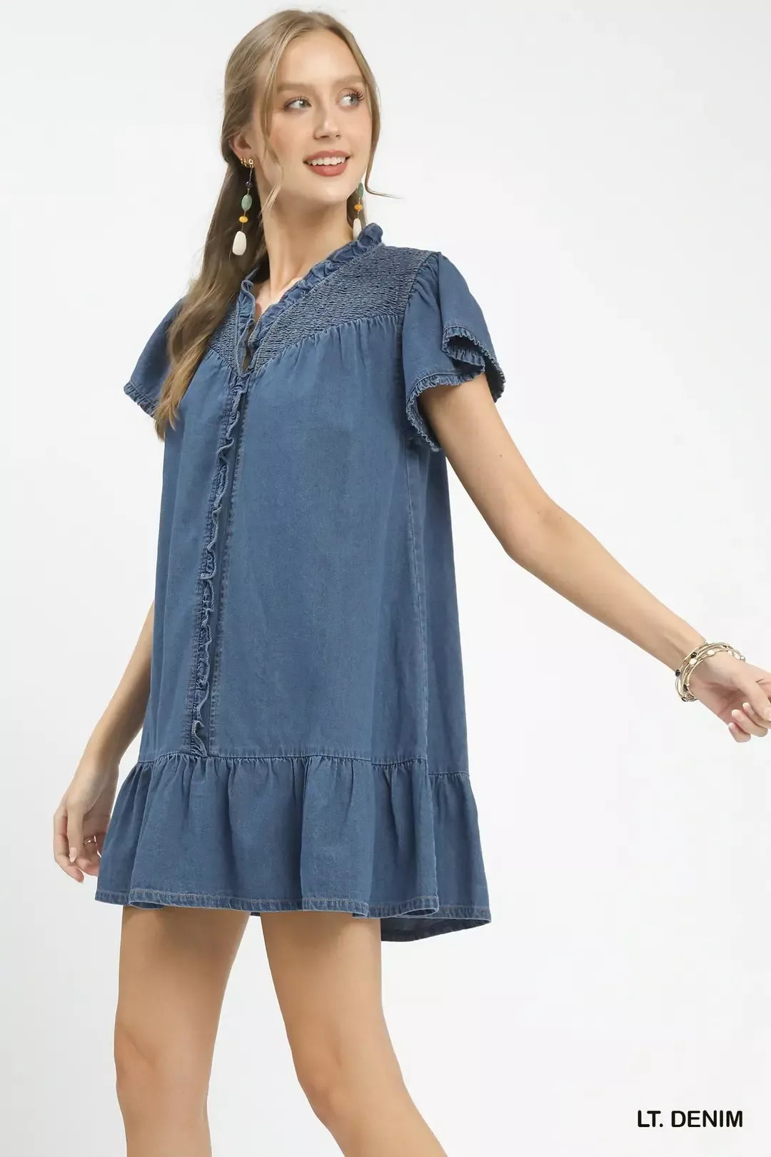 Washed denim ruffle dress, LT denim, pintuck button front, short flutter sleeves